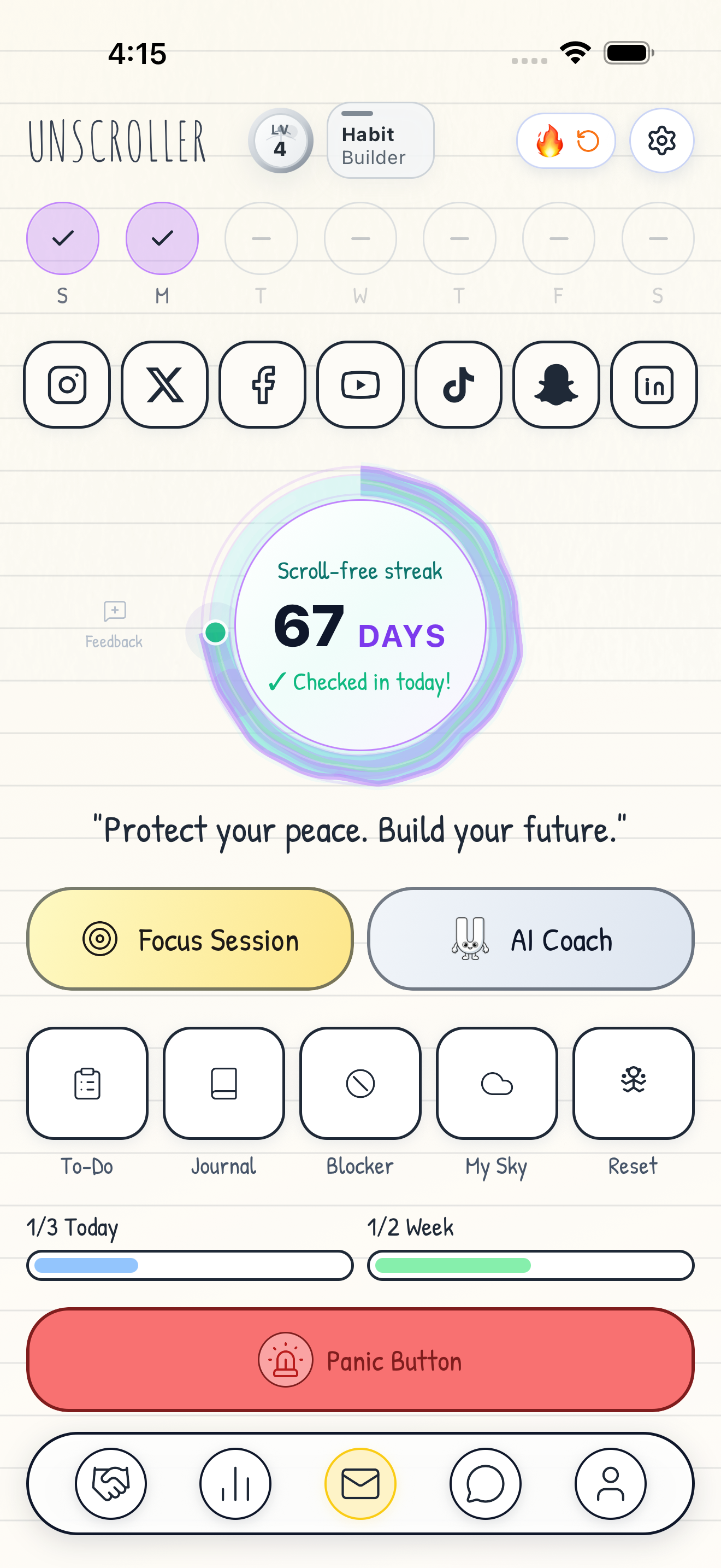 Unscroller home screen with focused social shortcuts, a scroll-free streak, Focus Session, AI Coach, planner, blocker, and reset tools