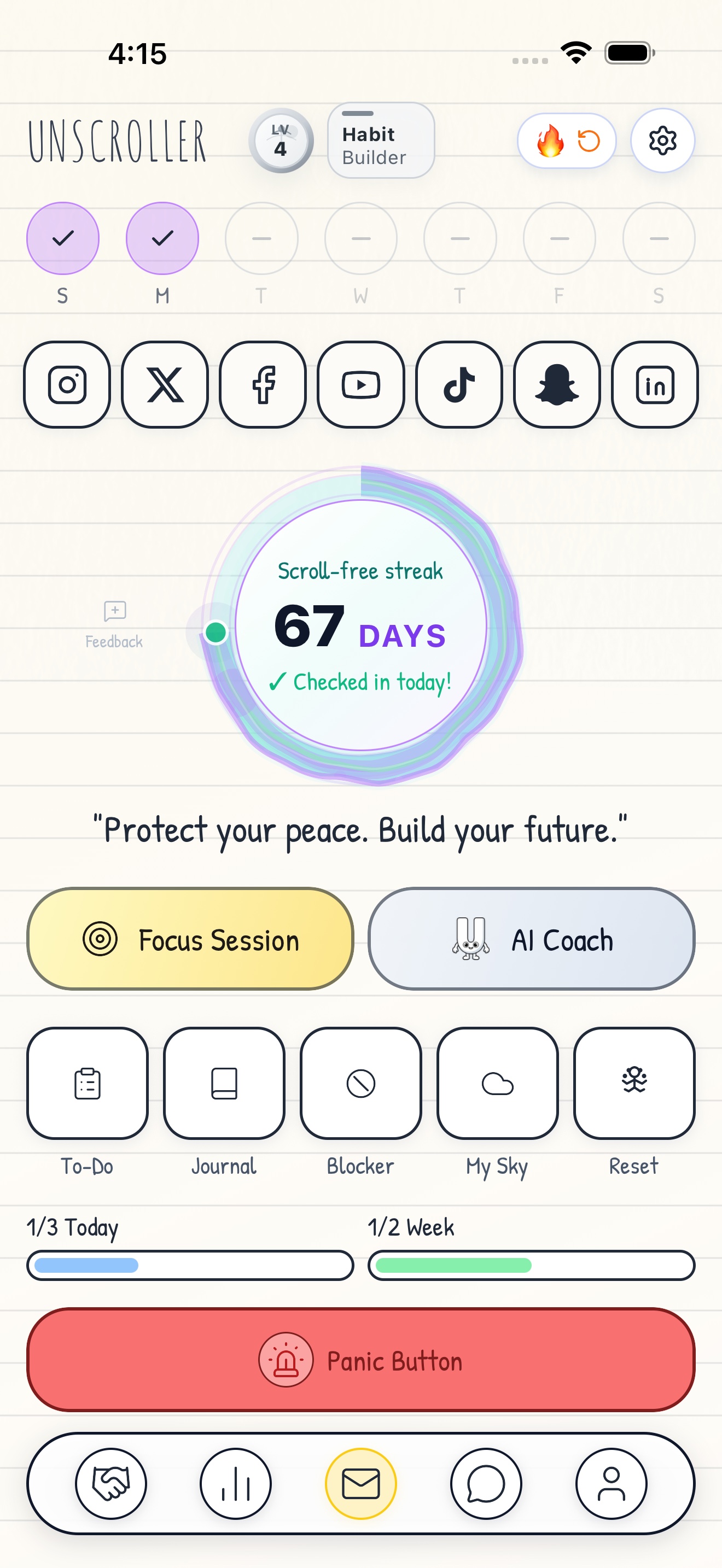Unscroller screen showing social shortcuts, a 67-day scroll-free streak, Focus Session, AI Coach, and planning tools